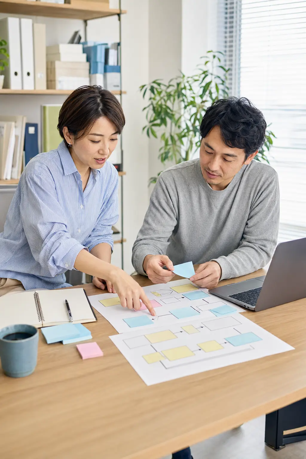紙とパソコンを使って業務の流れを整理する様子